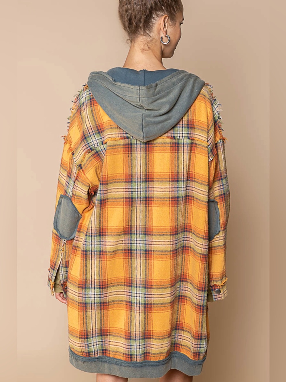 POL Yellow Plaid Flannel Hooded Utility Shacket Shirt M L XL - Picture 8 of 8